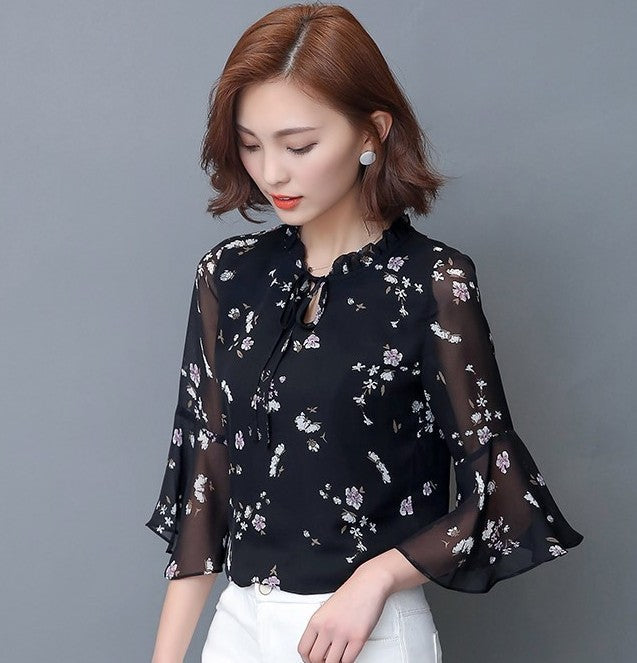 Chiffon Top with Bell Sleeves for the Summer Season: black, white blouse/top, feminine floral style