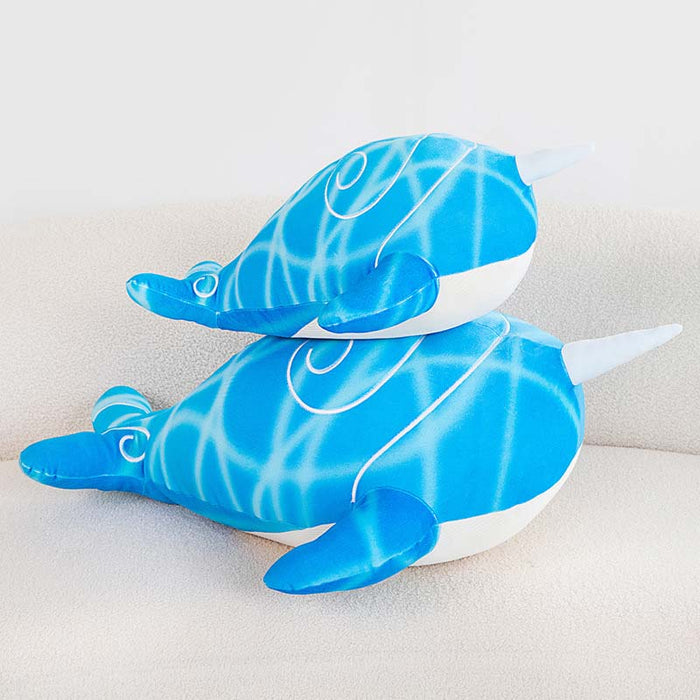Childe Whale Plushie: An Aquatic Adventure: bright blue, white fish, cartoon style