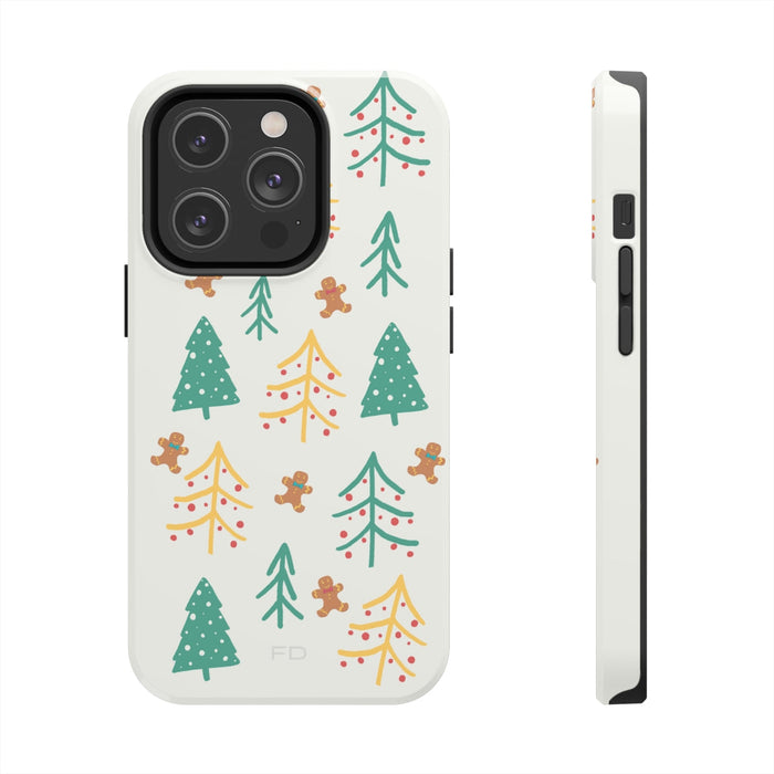 Christmas iPhone Case: off-white, green Christmas tree and gingerbread person theme, cartoon festive minimal style