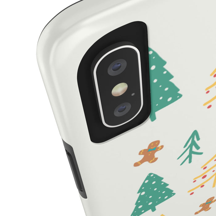 Christmas iPhone Case: off-white, green Christmas tree and gingerbread person theme, cartoon festive minimal style