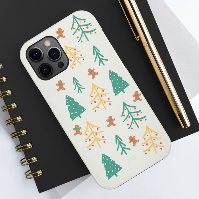Christmas iPhone Case: off-white, green Christmas tree and gingerbread person theme, cartoon festive minimal style