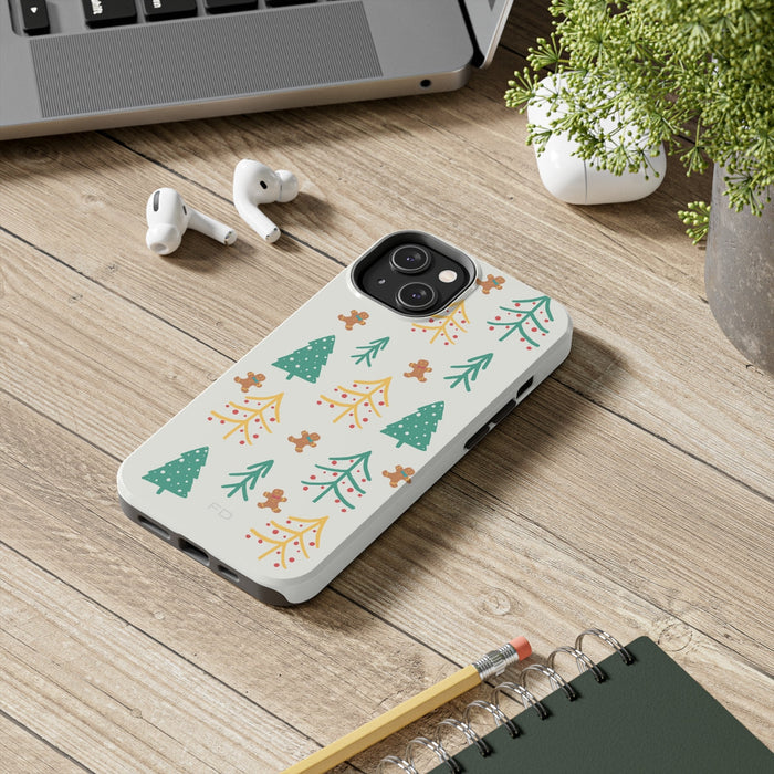 Christmas iPhone Case: off-white, green Christmas tree and gingerbread person theme, cartoon festive minimal style