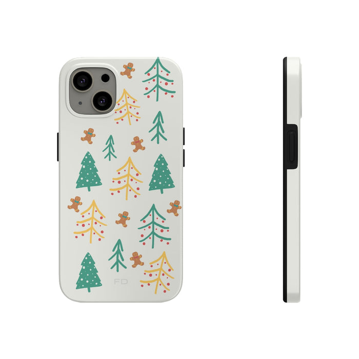 Christmas iPhone Case: off-white, green Christmas tree and gingerbread person theme, cartoon festive minimal style