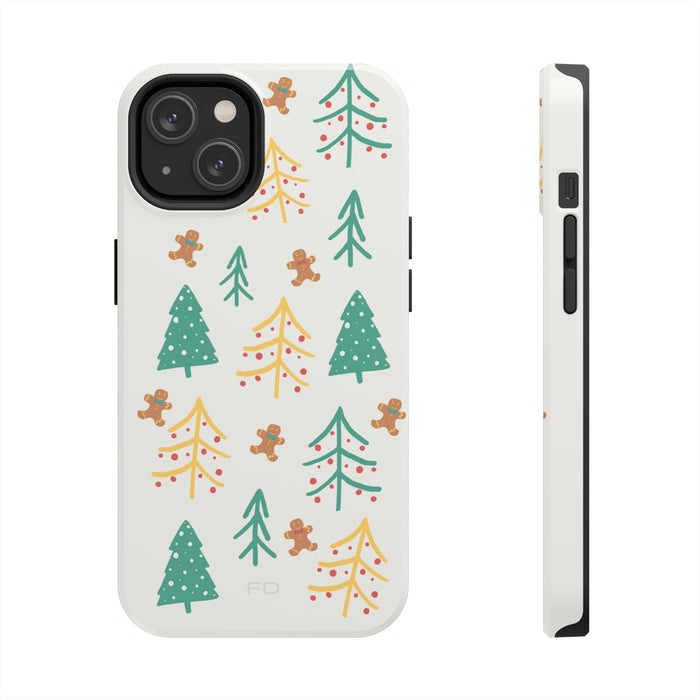 Christmas iPhone Case: off-white, green Christmas tree and gingerbread person theme, cartoon festive minimal style