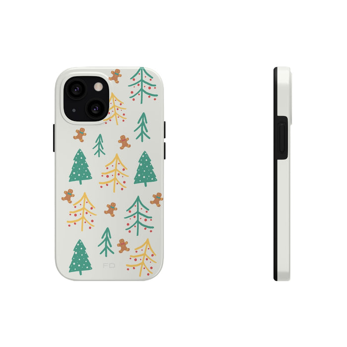 Christmas iPhone Case: off-white, green Christmas tree and gingerbread person theme, cartoon festive minimal style