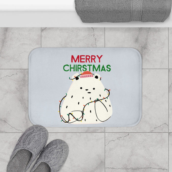 Christmas Lights and Polar Bear Bathroom Rug Home Decor: light gray, white polar bear with Christmas theme, cartoon, kawaii s