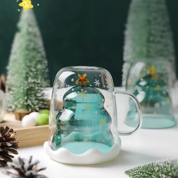 Christmas Tree Glass Cup Set: clear, pale green transparent glass mug, minimal style