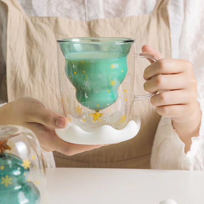 Christmas Tree Glass Cup Set: clear, pale green transparent glass mug, minimal style