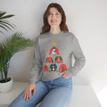 Christmas Tree Themed Women's Sweater: heather gray, red Christmas tree made of festive sweaters, festive cartoon graphic sty