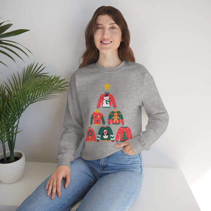 Christmas Tree Themed Women's Sweater: heather gray, red Christmas tree made of festive sweaters, festive cartoon graphic sty
