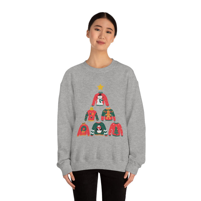 Christmas Tree Themed Women's Sweater: heather gray, red Christmas tree made of festive sweaters, festive cartoon graphic sty