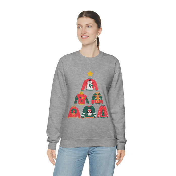 Christmas Tree Themed Women's Sweater: heather gray, red Christmas tree made of festive sweaters, festive cartoon graphic sty
