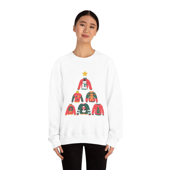 Christmas Tree Themed Women's Sweater: heather gray, red Christmas tree made of festive sweaters, festive cartoon graphic sty