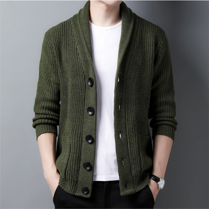 Chunky Knit Cardigan for Men with Shawl Neckline: olive green, black button-front cardigan sweater, minimal casual style