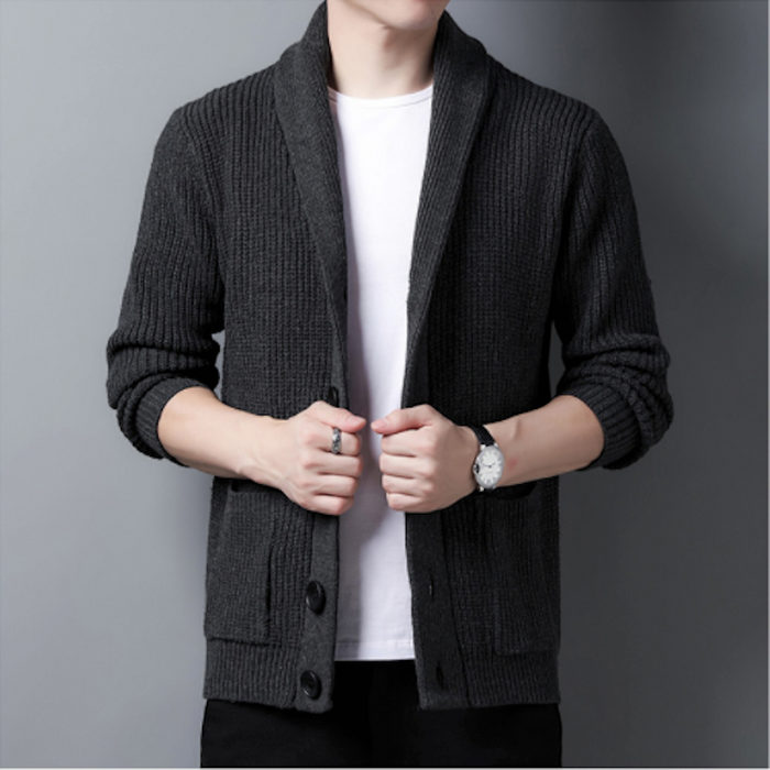 Chunky Knit Cardigan for Men with Shawl Neckline: olive green, black button-front cardigan sweater, minimal casual style