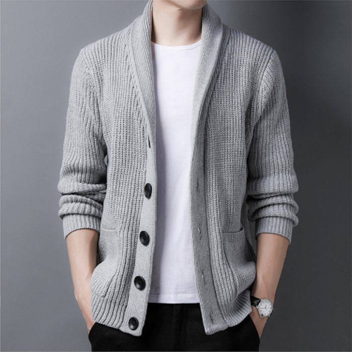 Chunky Knit Cardigan for Men with Shawl Neckline: olive green, black button-front cardigan sweater, minimal casual style