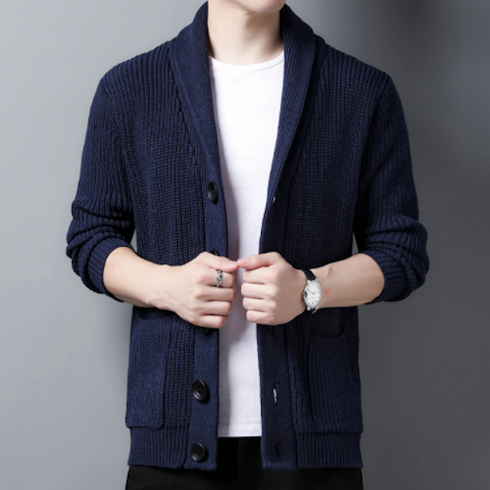 Chunky Knit Cardigan for Men with Shawl Neckline: olive green, black button-front cardigan sweater, minimal casual style