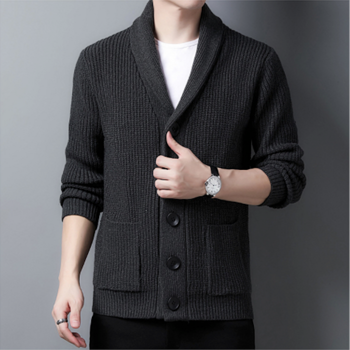 Chunky Knit Cardigan for Men with Shawl Neckline: olive green, black button-front cardigan sweater, minimal casual style
