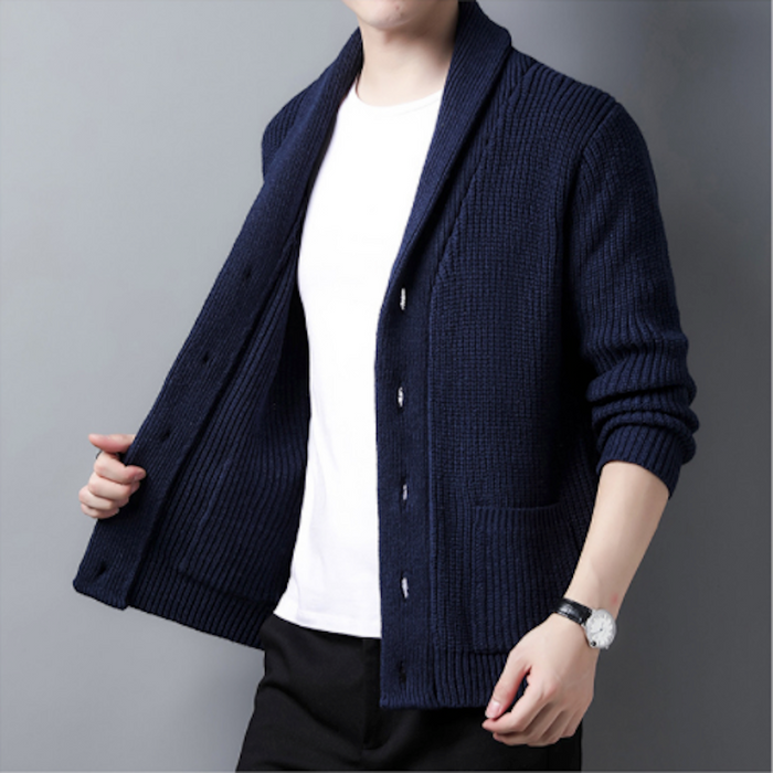 Chunky Knit Cardigan for Men with Shawl Neckline: olive green, black button-front cardigan sweater, minimal casual style
