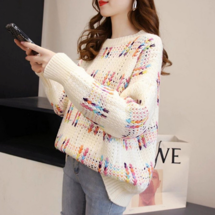Chunky Knit Rainbow Sweater for Women: cream, white sweater, casual colorful knit style