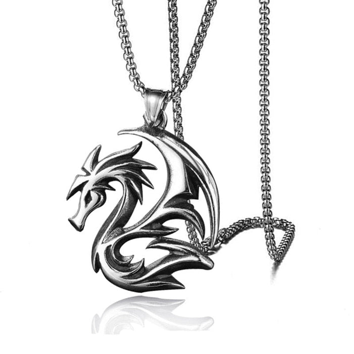 Circular Serpent Charm Necklace: silver, dark gray dragon, fantasy gothic style