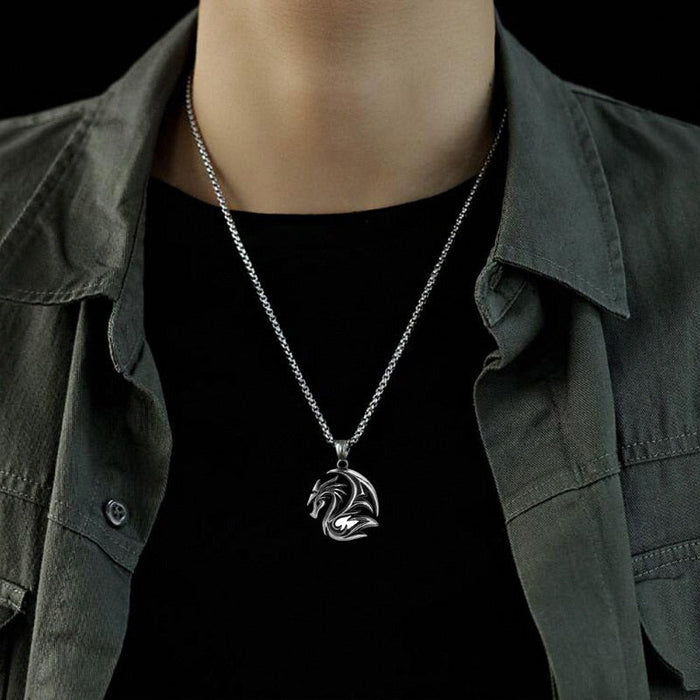Circular Serpent Charm Necklace: silver, dark gray dragon, fantasy gothic style