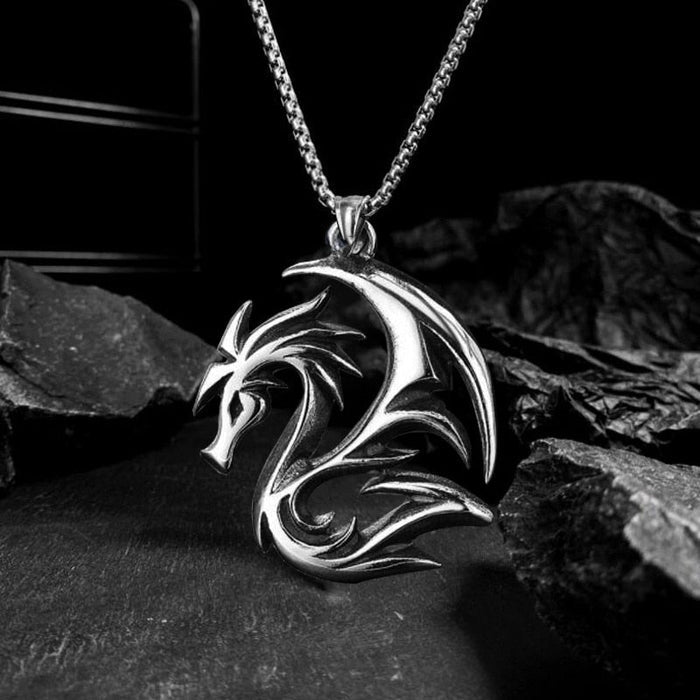 Circular Serpent Charm Necklace: silver, dark gray dragon, fantasy gothic style