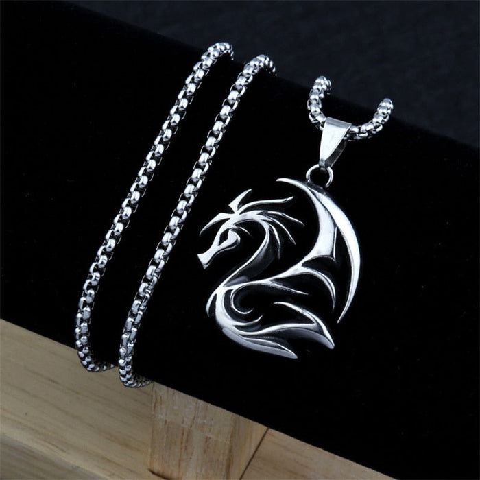 Circular Serpent Charm Necklace: silver, dark gray dragon, fantasy gothic style