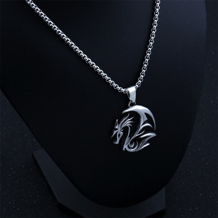 Circular Serpent Charm Necklace: silver, dark gray dragon, fantasy gothic style