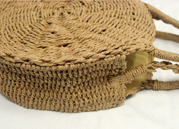 Circular Shoulder Bag: Emphasizing the Essence of the Product with a Fresh Twist: natural tan, beige round woven handbag, rus