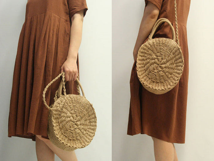 Circular Shoulder Bag: Emphasizing the Essence of the Product with a Fresh Twist: natural tan, beige round woven handbag, rus