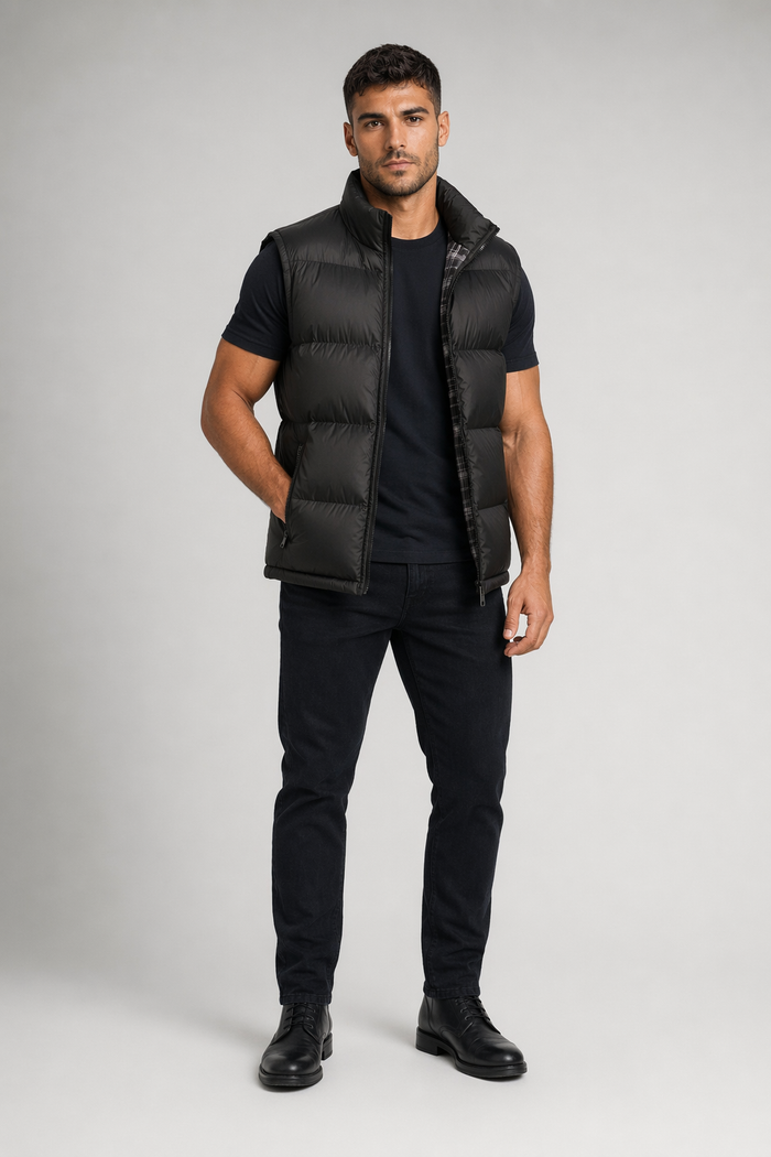 Classic Black Casual Zip Up Puffer Vest for Men Default