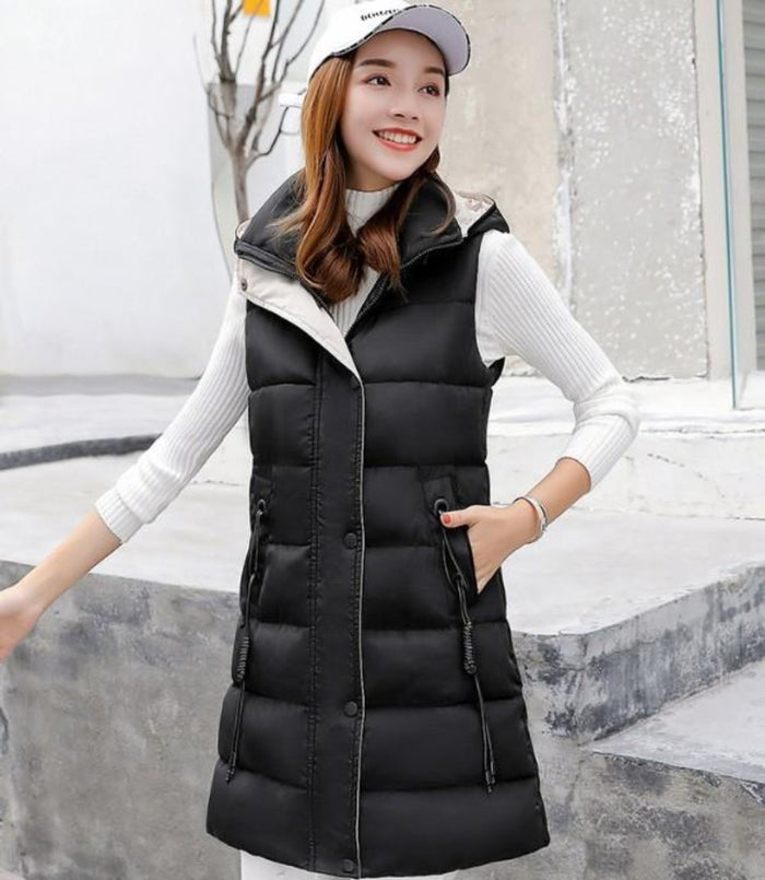 Classic Black High Collar Hooded Puffer Winter Vest for Women: black, white hooded puffer vest, casual minimalist style