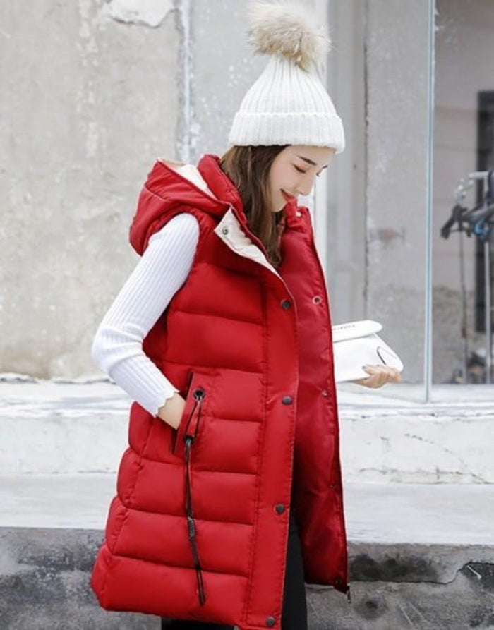 Classic Black High Collar Hooded Puffer Winter Vest for Women: black, white hooded puffer vest, casual minimalist style