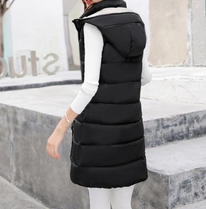 Classic Black High Collar Hooded Puffer Winter Vest for Women: black, white hooded puffer vest, casual minimalist style