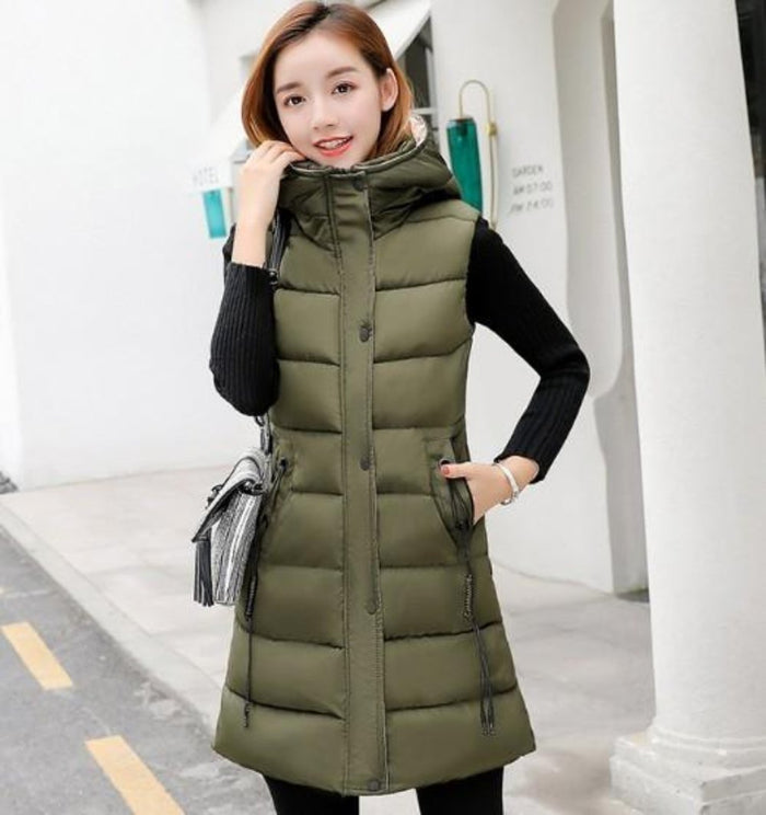 Classic Black High Collar Hooded Puffer Winter Vest for Women: black, white hooded puffer vest, casual minimalist style