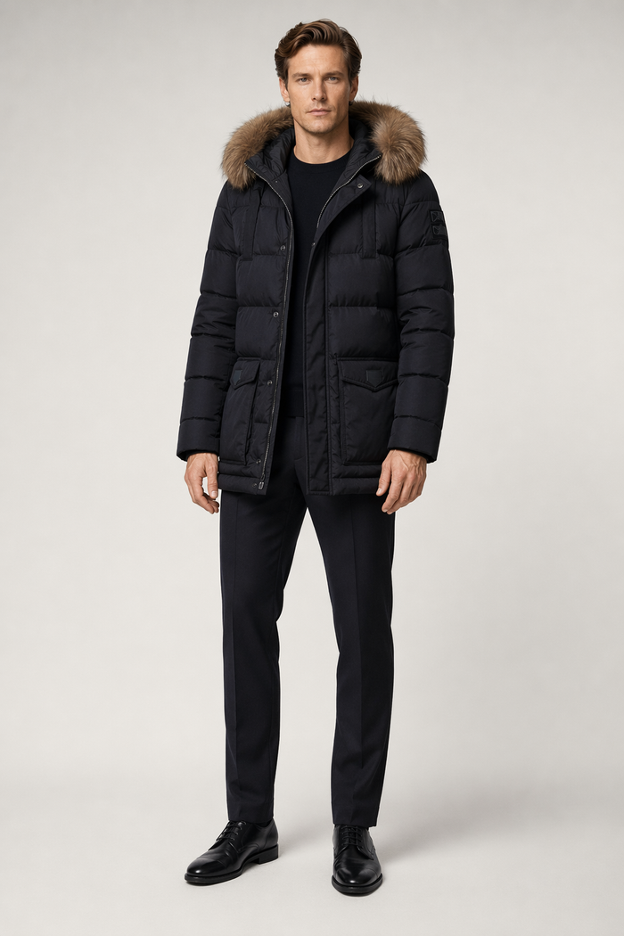 Classic Black Winter Coat with Faux Fur Hood, Inspired by Military Style Default