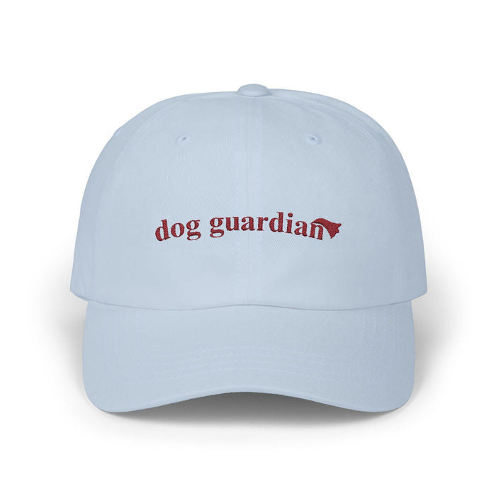 Classic Canine Protector Cap: light blue, red dog theme, minimal style