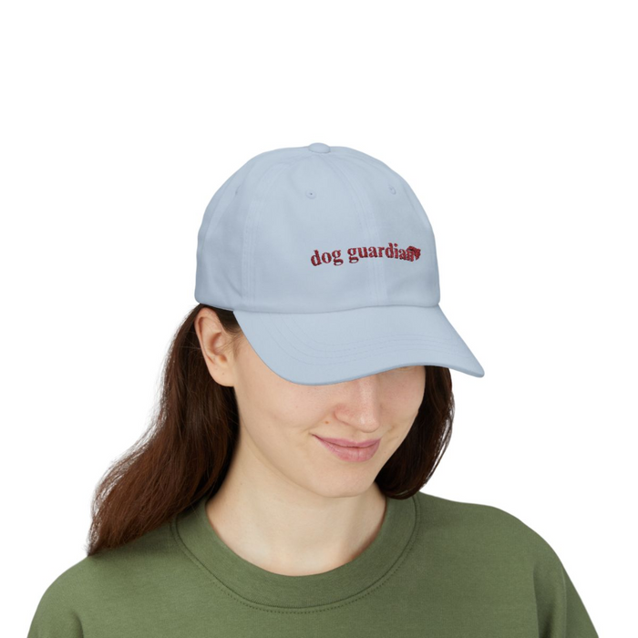 Classic Canine Protector Cap: light blue, red dog theme, minimal style