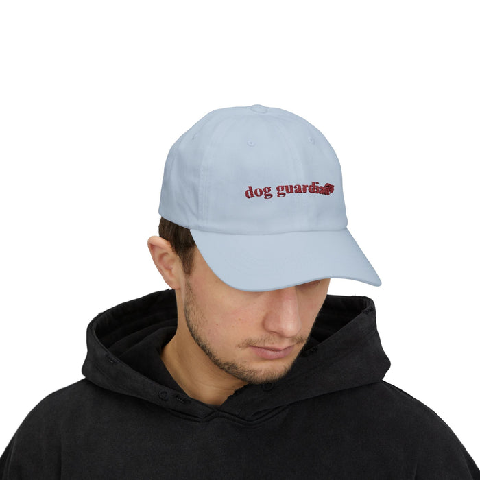Classic Canine Protector Cap: light blue, red dog theme, minimal style