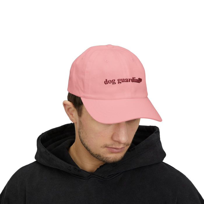 Classic Canine Protector Cap: light blue, red dog theme, minimal style
