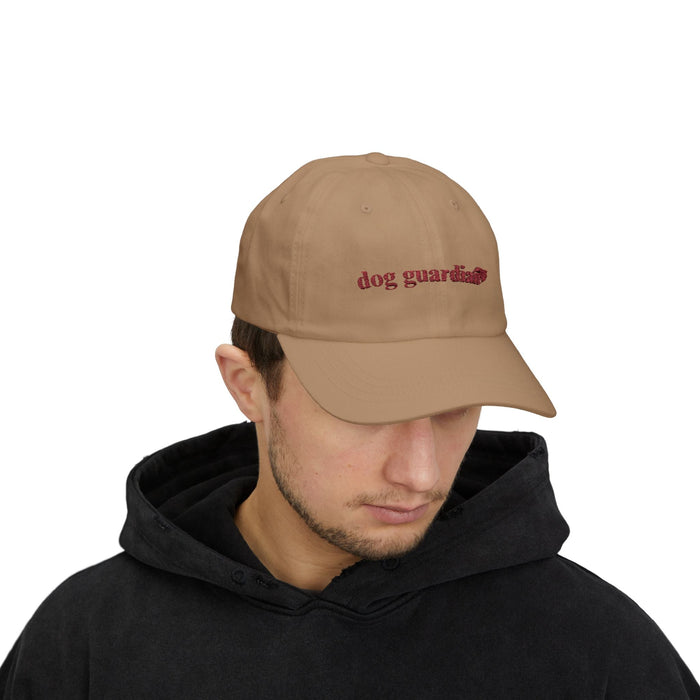 Classic Canine Protector Cap: light blue, red dog theme, minimal style