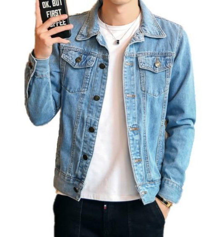 Classic Denim Jacket with Dual Pockets for Men: light blue, white denim jacket, casual style