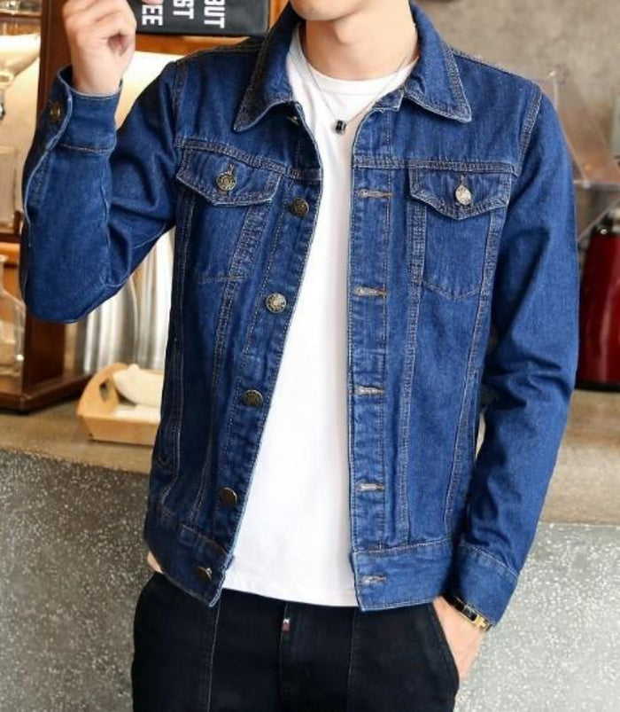 Classic Denim Jacket with Dual Pockets for Men: light blue, white denim jacket, casual style