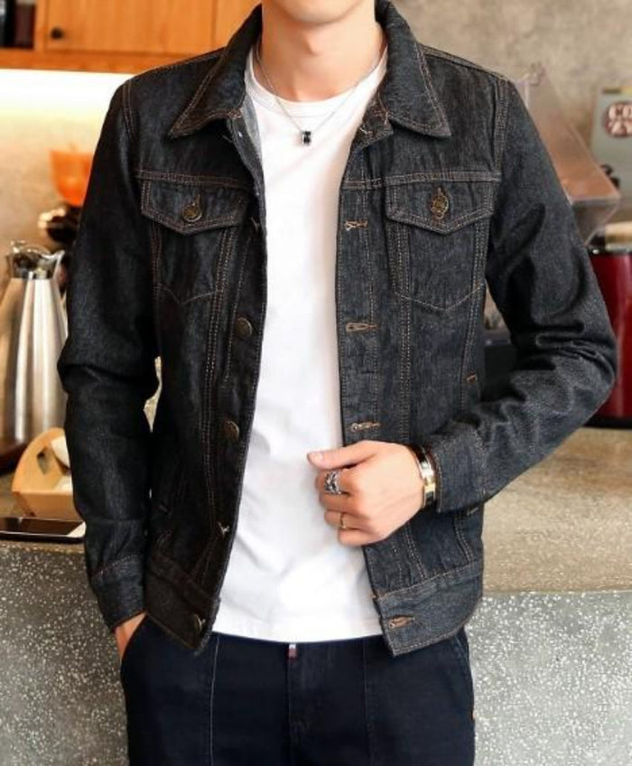 Classic Denim Jacket with Dual Pockets for Men: light blue, white denim jacket, casual style