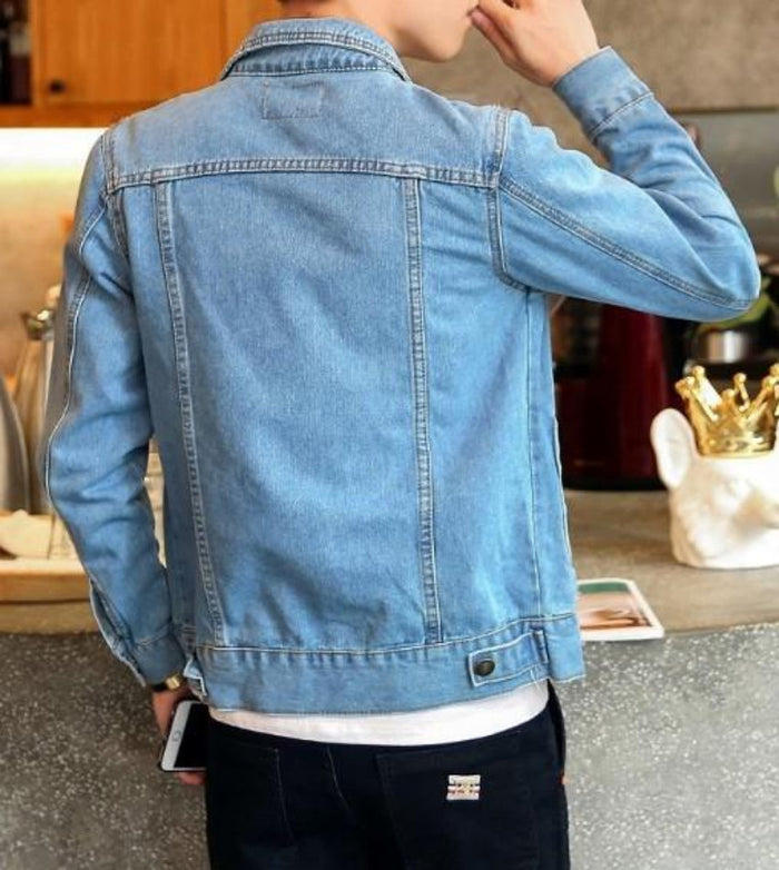 Classic Denim Jacket with Dual Pockets for Men: light blue, white denim jacket, casual style