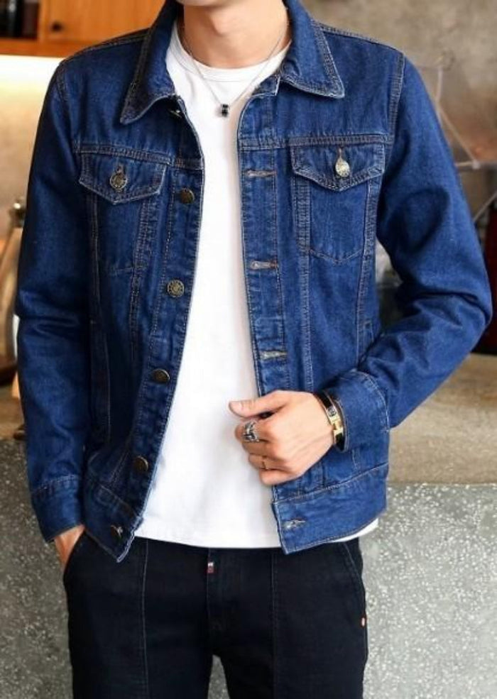 Classic Denim Jacket with Dual Pockets for Men: light blue, white denim jacket, casual style
