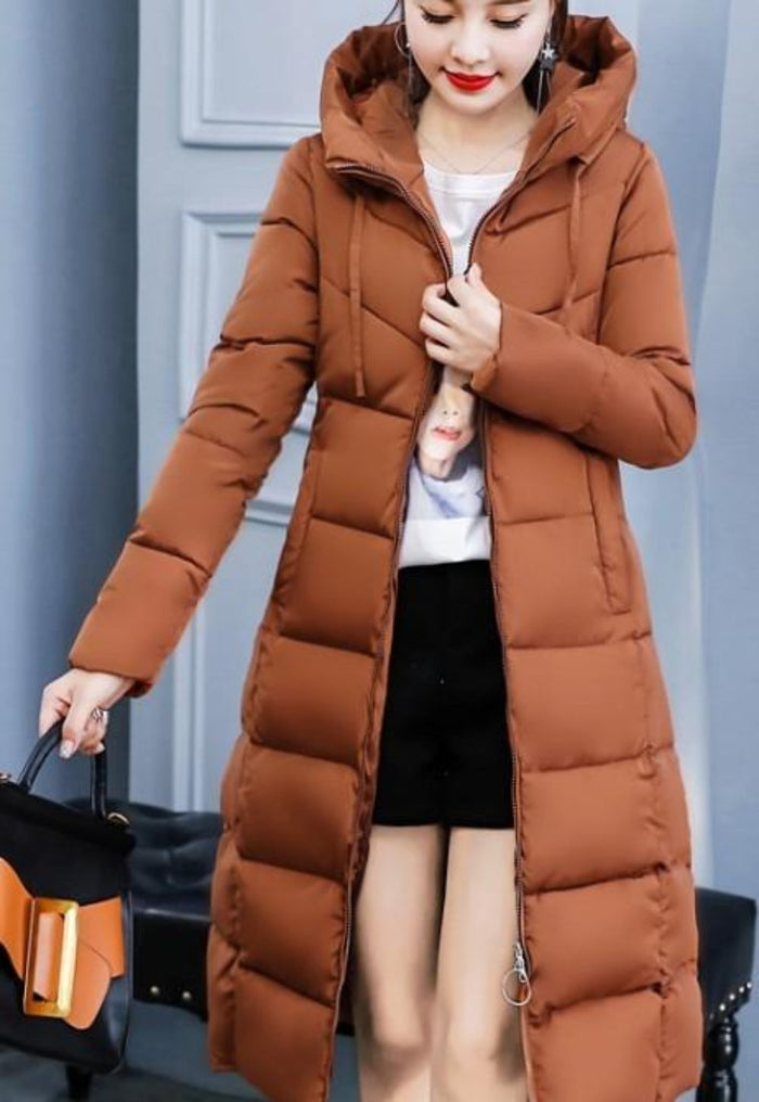 Classic Gray Hooded Puffer Coat for Women: dark gray, black long hooded puffer coat, casual minimal style