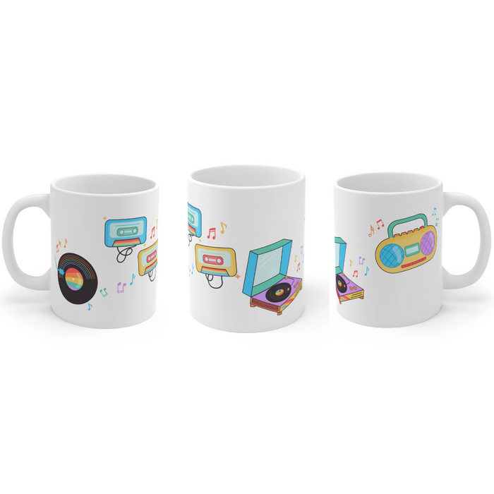 Classic Melodies Mug for Coffee and Tea: white, black retro music theme, cartoon retro style