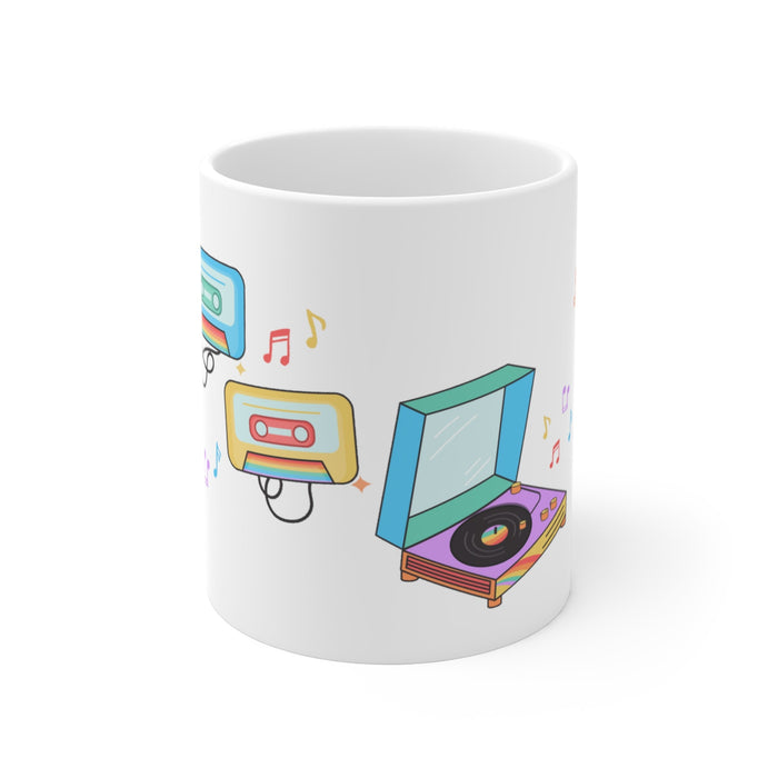 Classic Melodies Mug for Coffee and Tea: white, black retro music theme, cartoon retro style